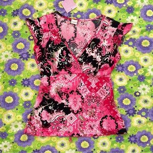 Y2K VTG pink & black mixed floral print blouse